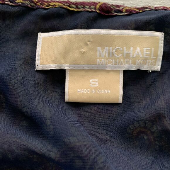 Michael Kors Womens Blouse Small Brown Midnight Paisley Taupe Silk Bell Sleeve - Picture 5 of 12